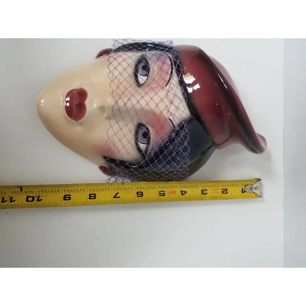 Vintage Woman’s Face Ceramic Wall Mask Clay Art Of San Francisco Net Veil 9.5”in